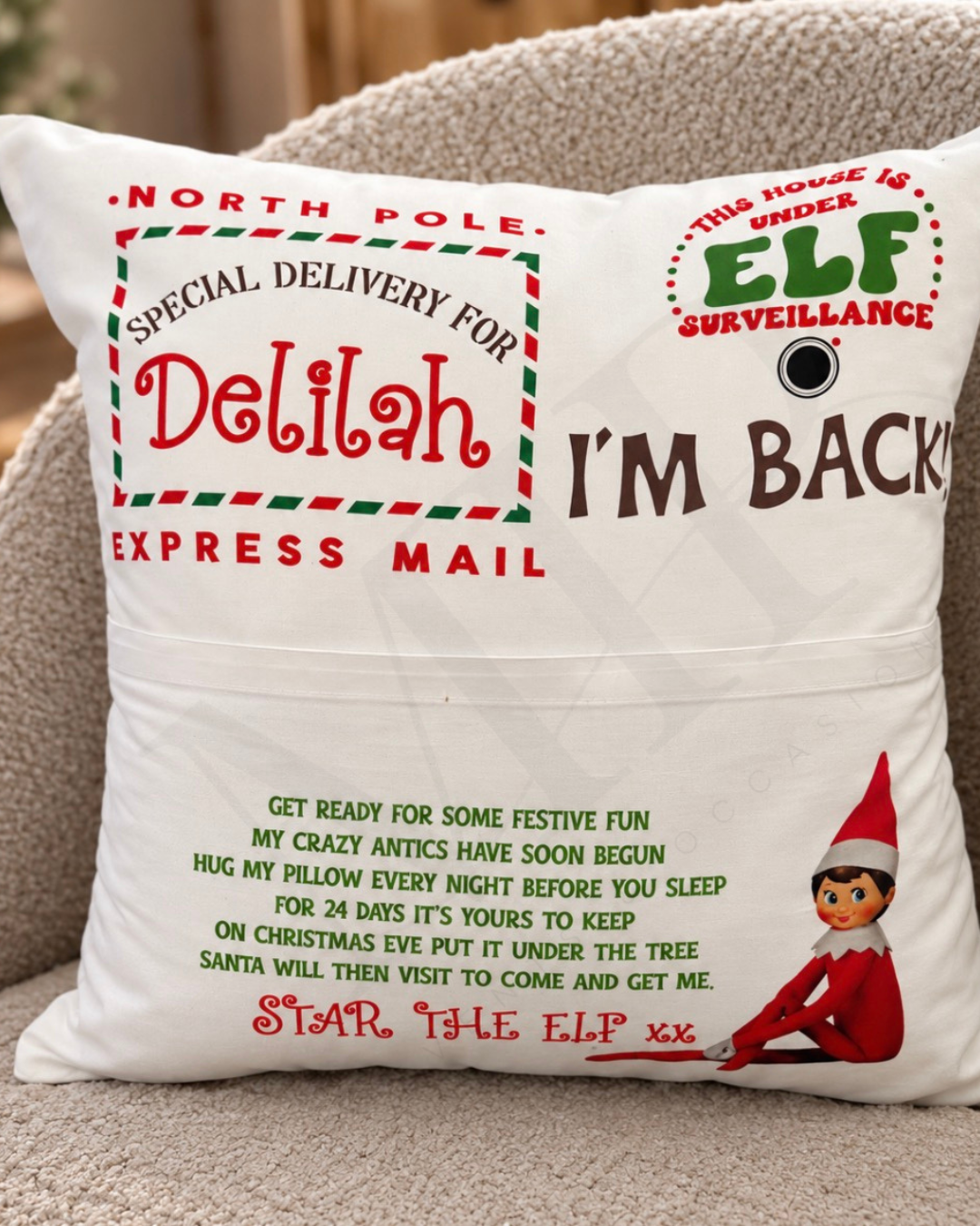 ELF ARRIVAL | PERSONALISED CUSHION | I’M BACK!