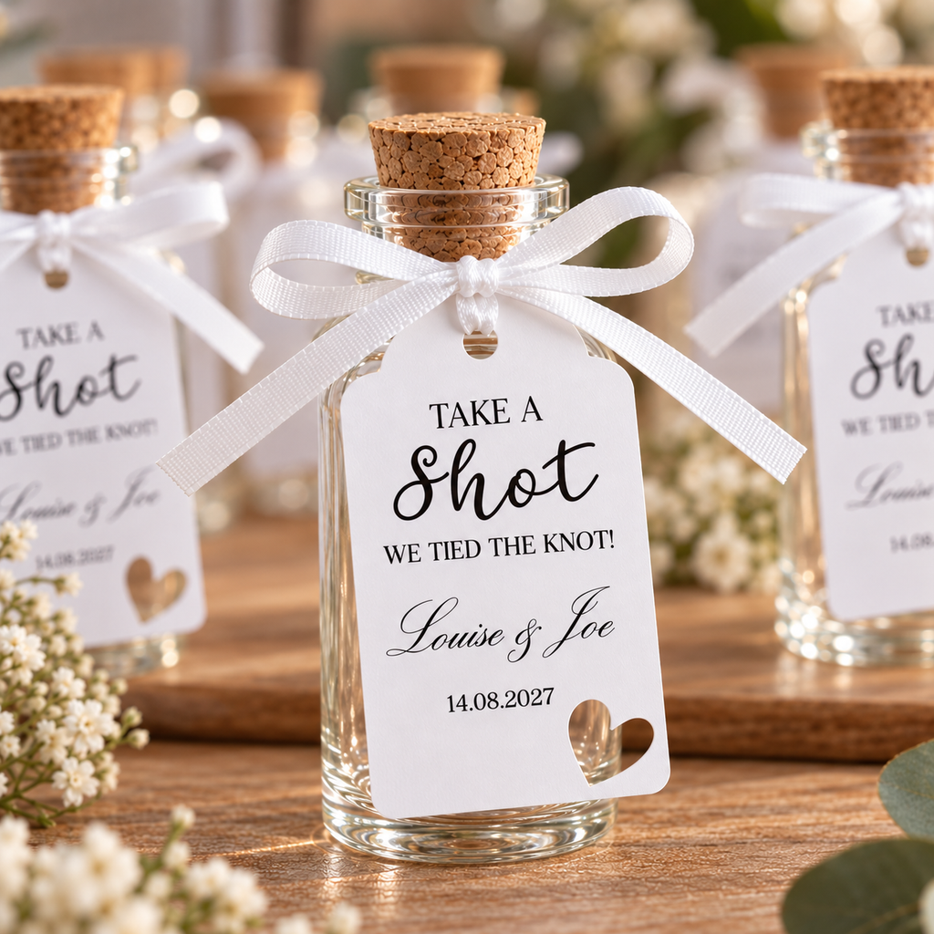 Wedding Favours | Shot Bottle | Tied The Knot | Personalised Tag & 40ml Bottle